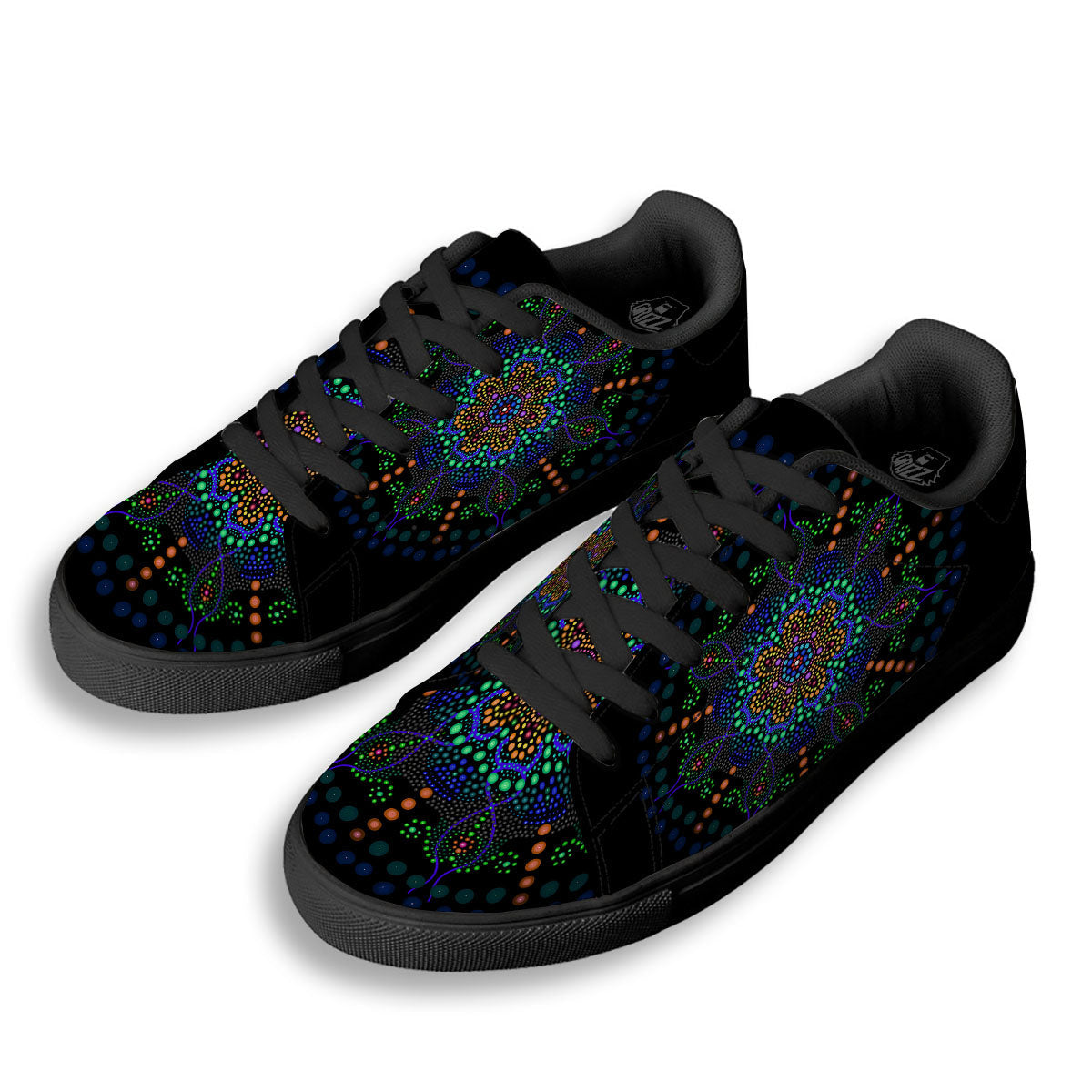 Dot Mandala Green White Print Black Low Top Sneakers-grizzshop