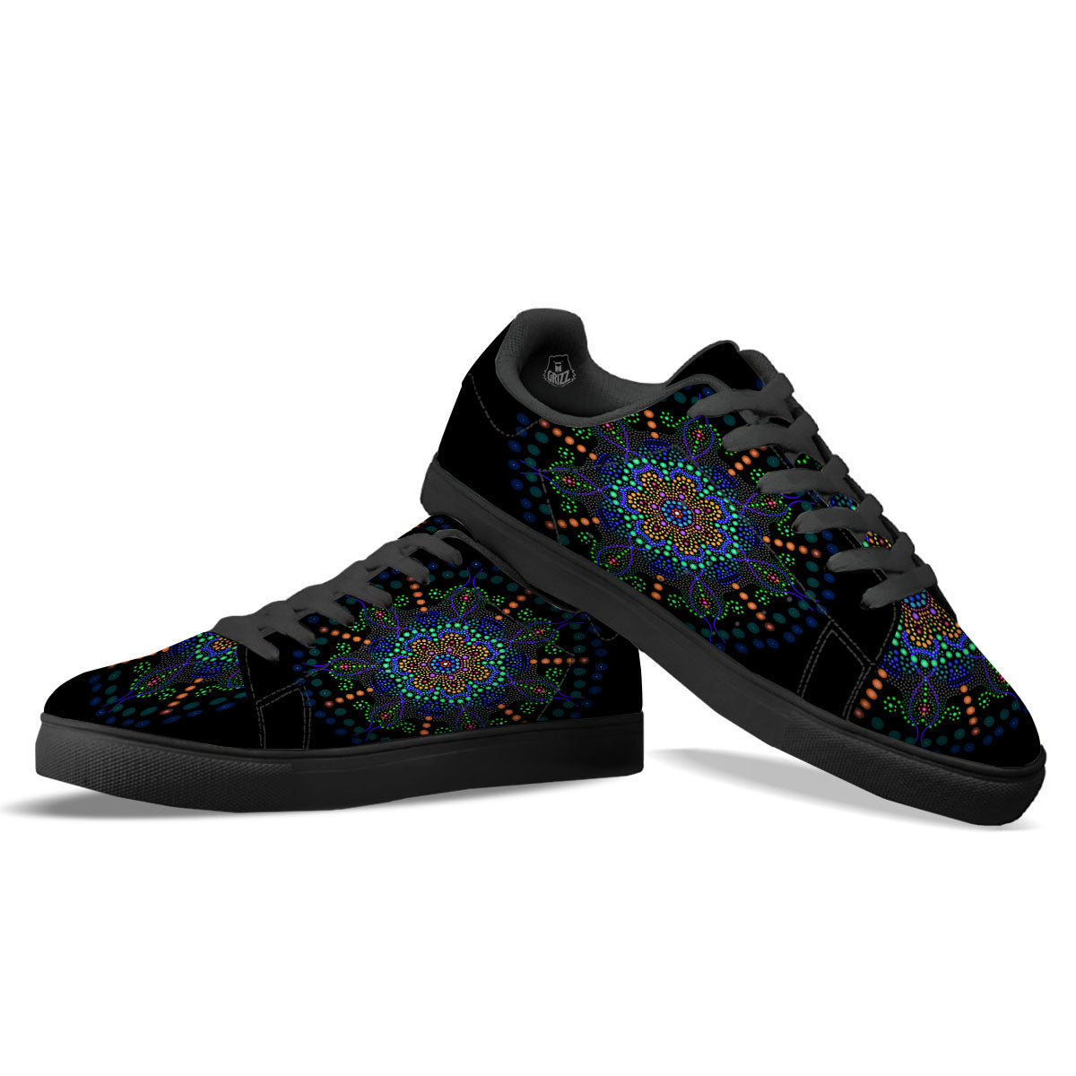 Dot Mandala Green White Print Black Low Top Sneakers-grizzshop