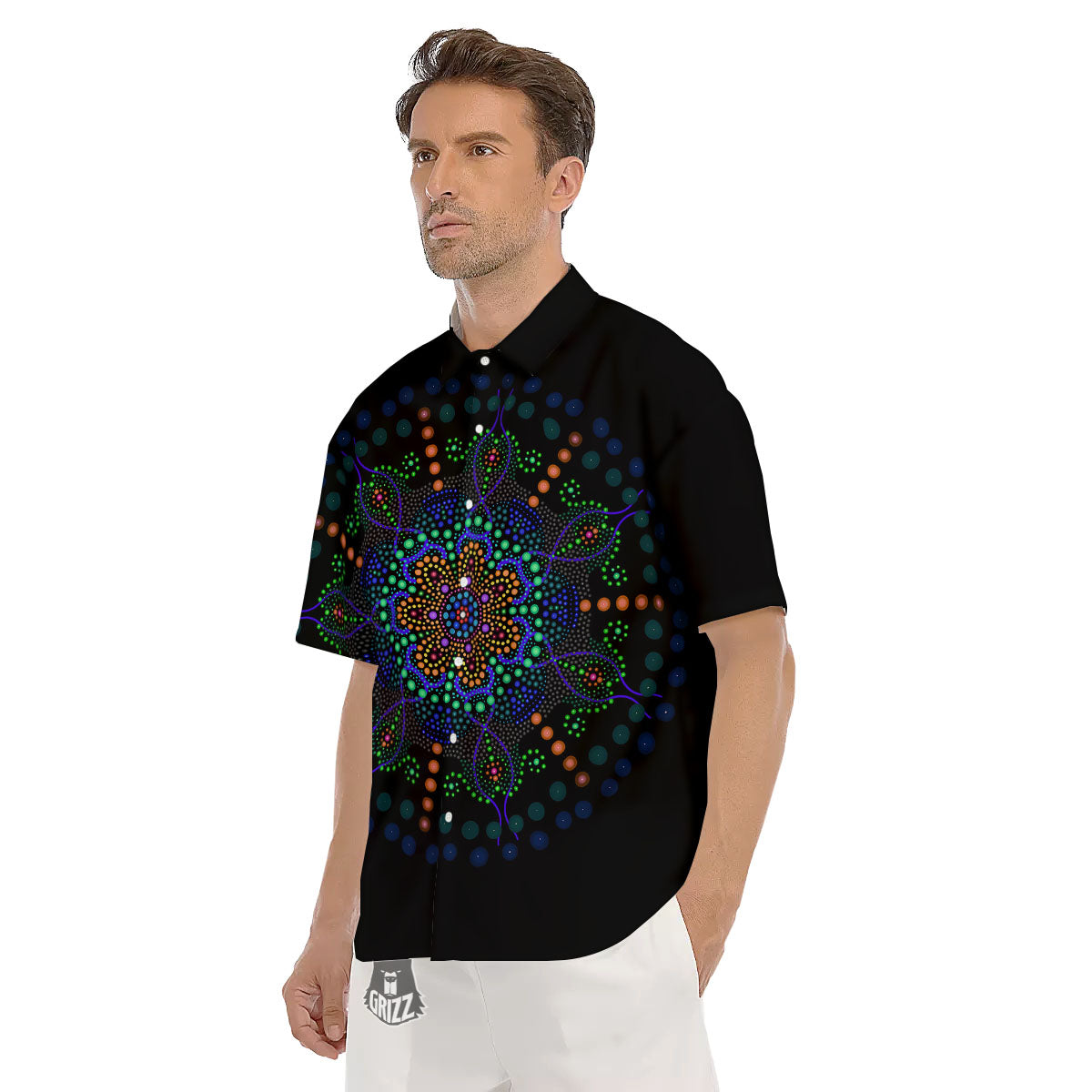 Dot Mandala Green White Print Men's Short Sleeve Shirts-grizzshop