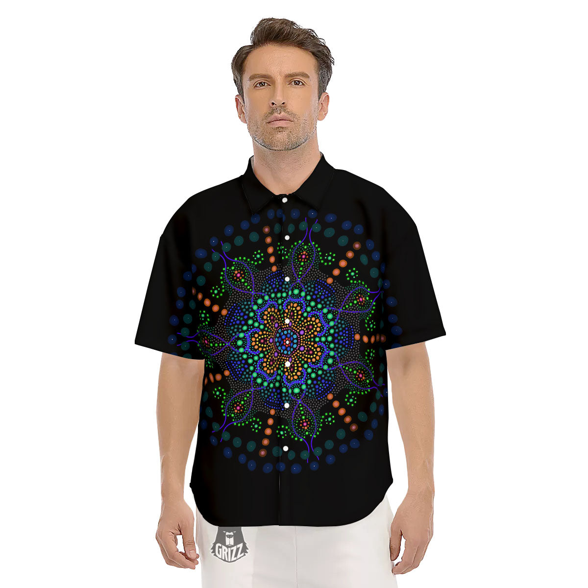 Dot Mandala Green White Print Men's Short Sleeve Shirts-grizzshop