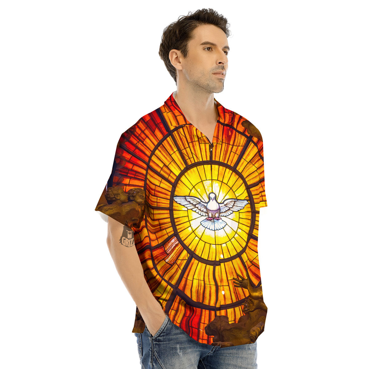Dove Stained Holy Spirit Glass Print Men's Hawaiian Shirt-grizzshop