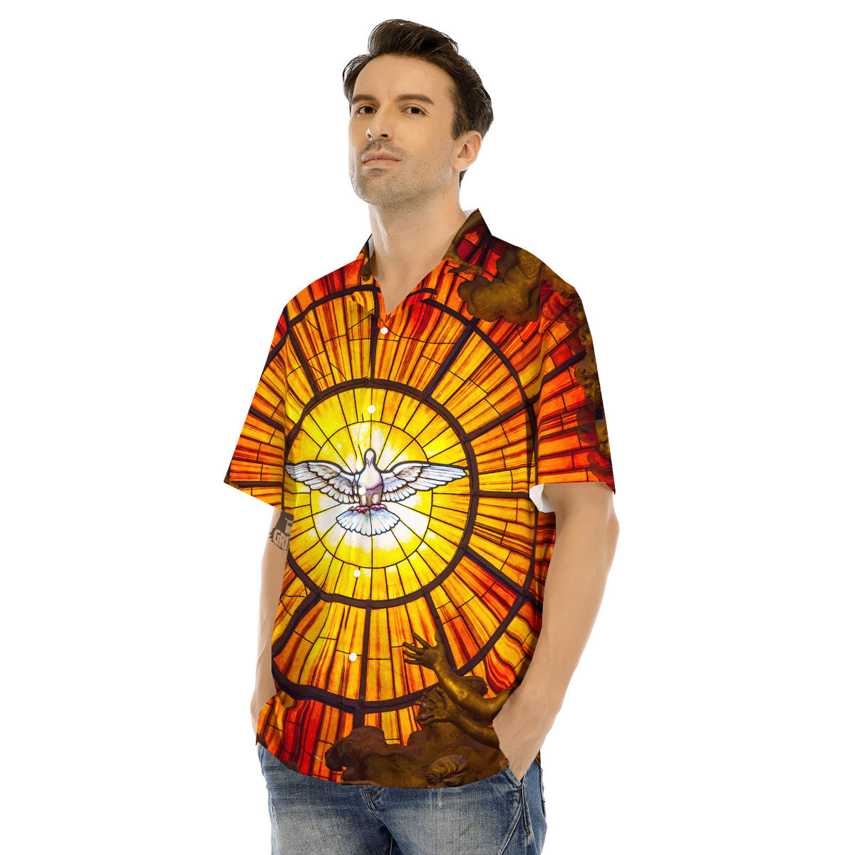 Dove Stained Holy Spirit Glass Print Men's Hawaiian Shirt-grizzshop
