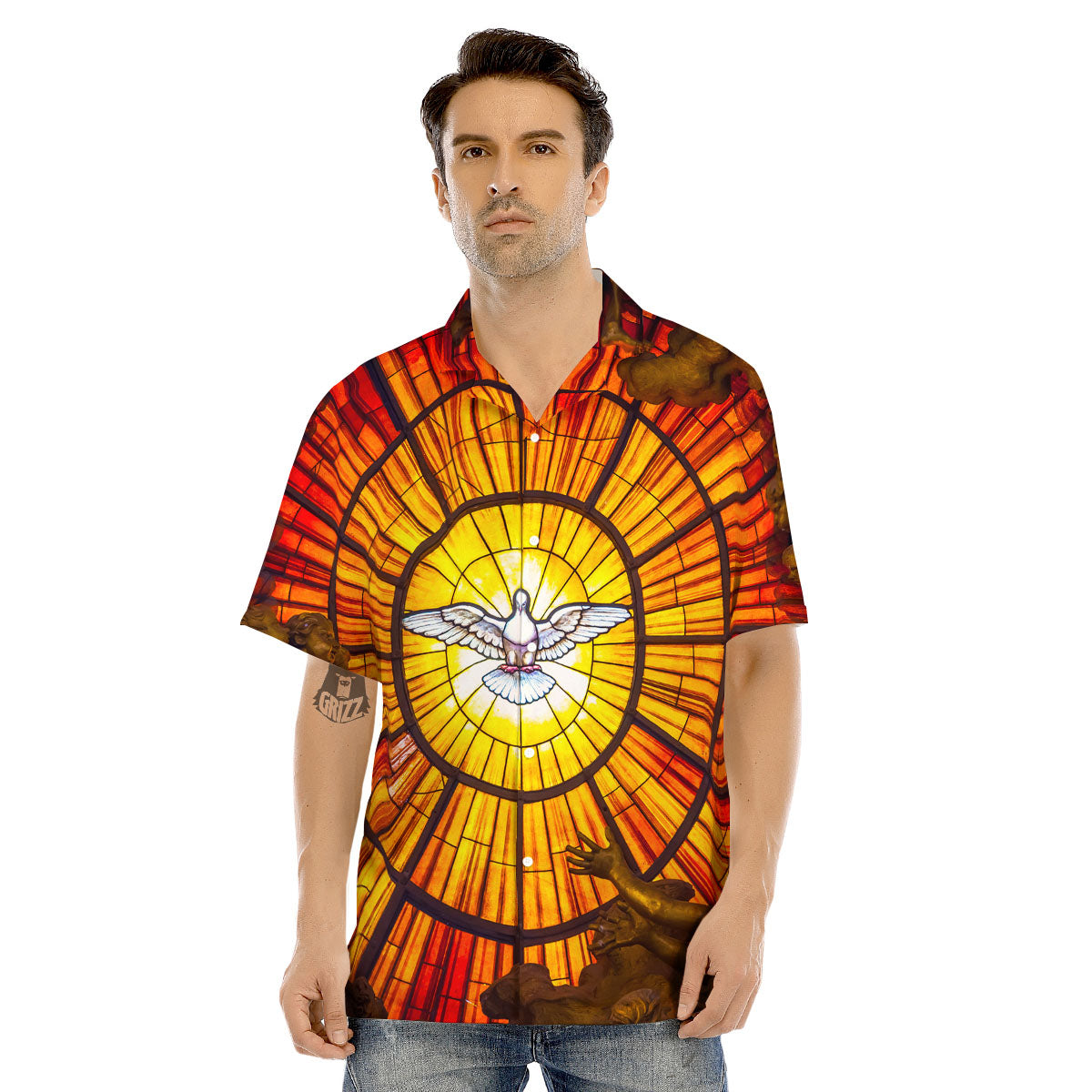 Dove Stained Holy Spirit Glass Print Men's Hawaiian Shirt-grizzshop