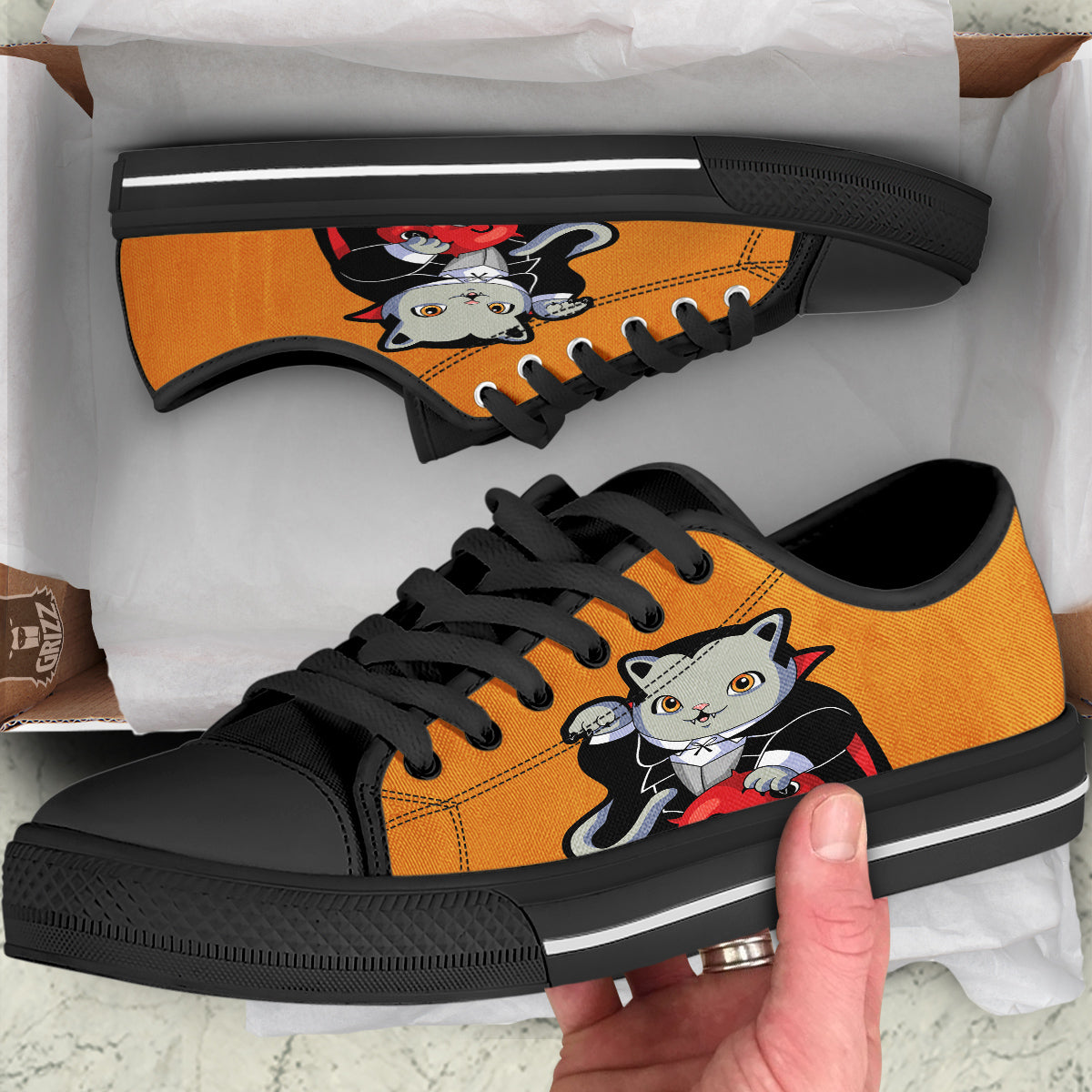 Dracula Cute Cat Print Black Low Top Shoes-grizzshop