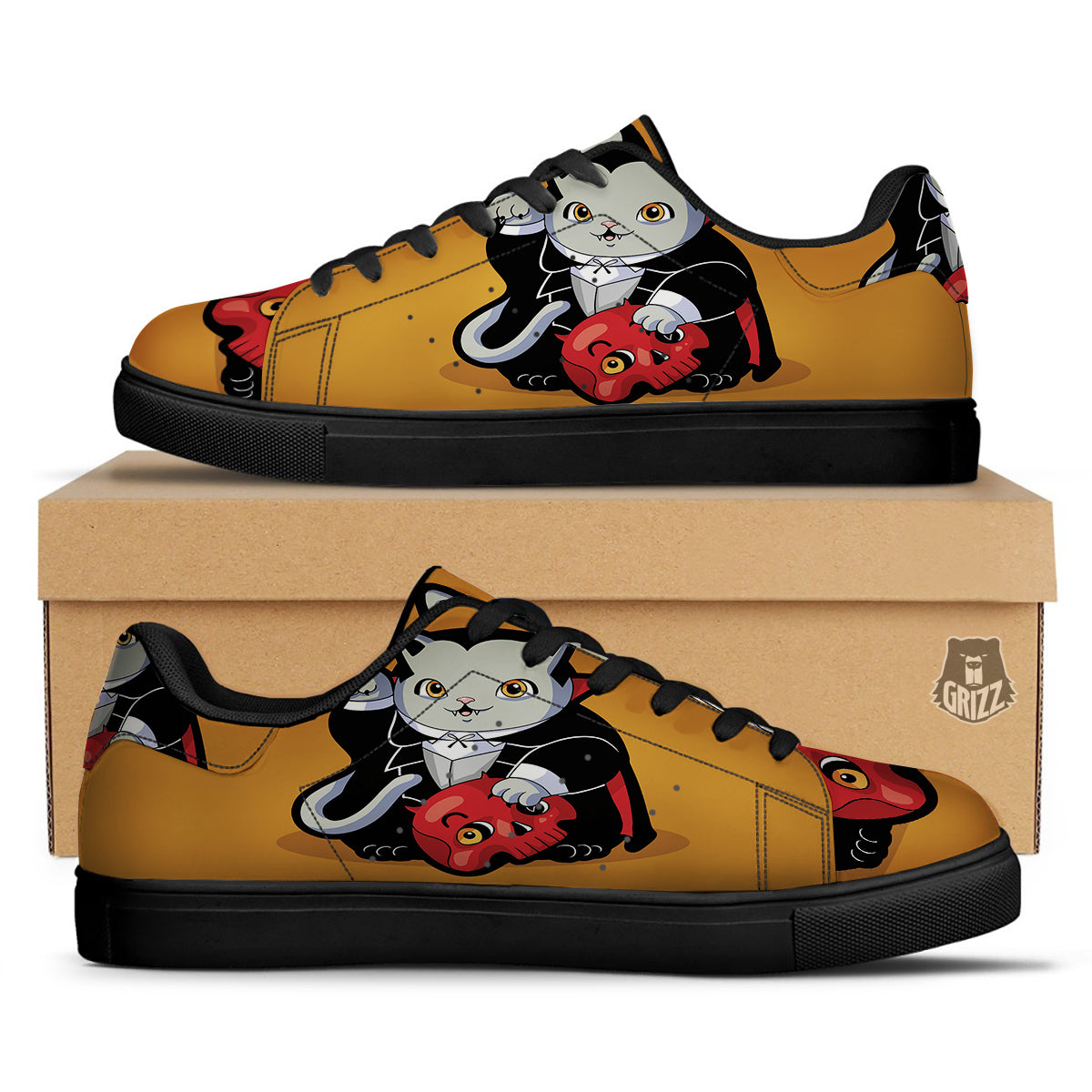 Dracula Cute Cat Print Black Low Top Sneakers-grizzshop