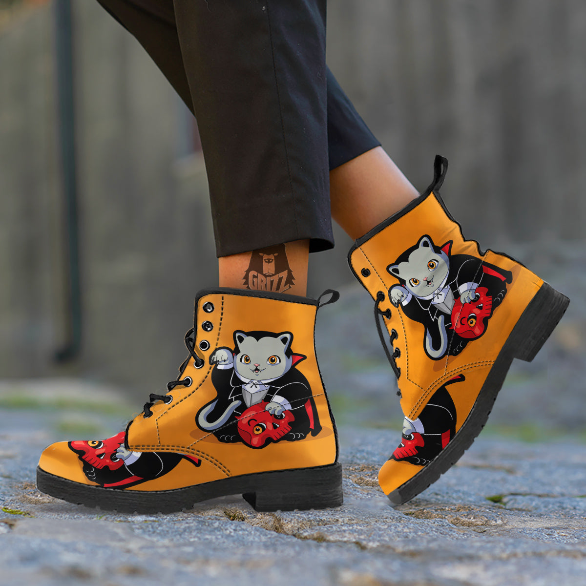 Dracula Cute Cat Print Leather Boots-grizzshop