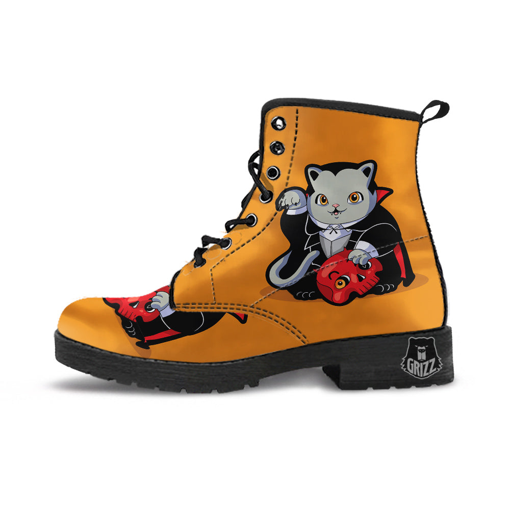 Dracula Cute Cat Print Leather Boots-grizzshop