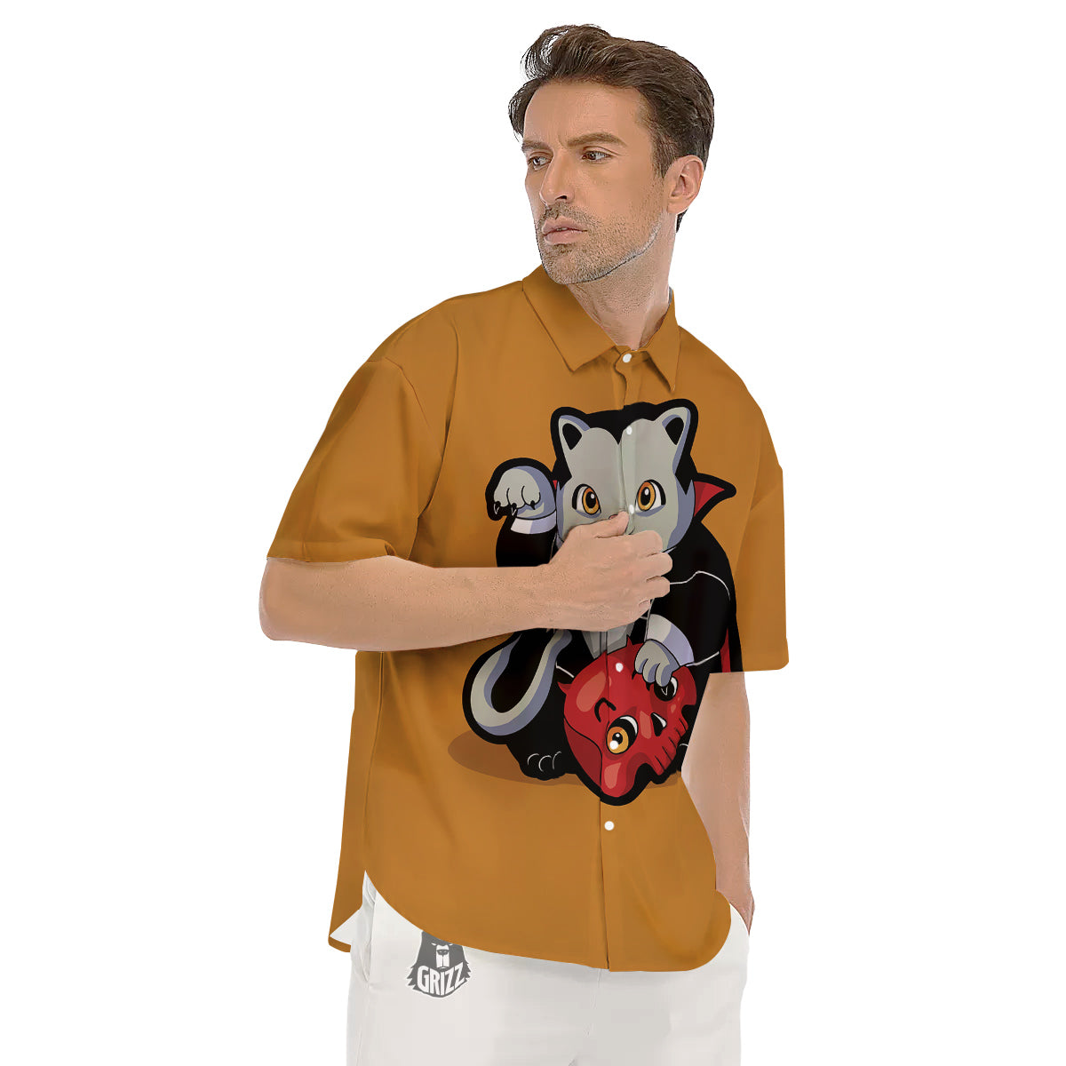 Dracula Cute Cat Print Men's Short Sleeve Shirts-grizzshop