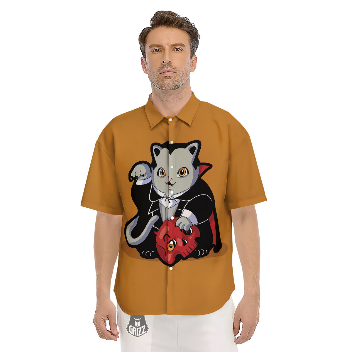 Dracula Cute Cat Print Men's Short Sleeve Shirts-grizzshop