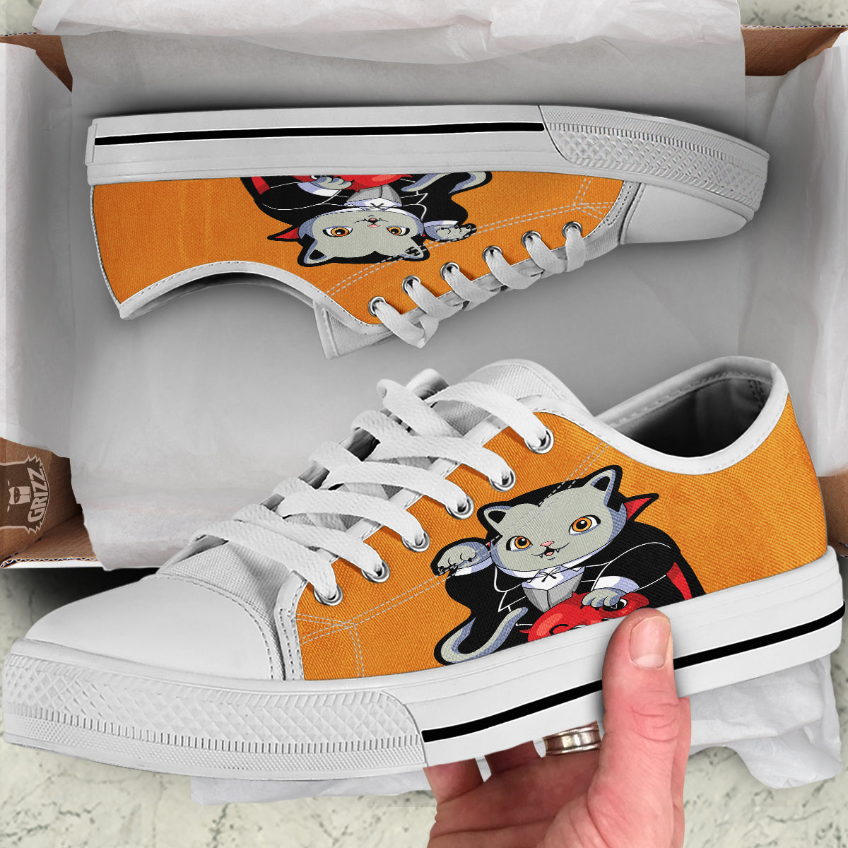 Dracula Cute Cat Print White Low Top Shoes-grizzshop