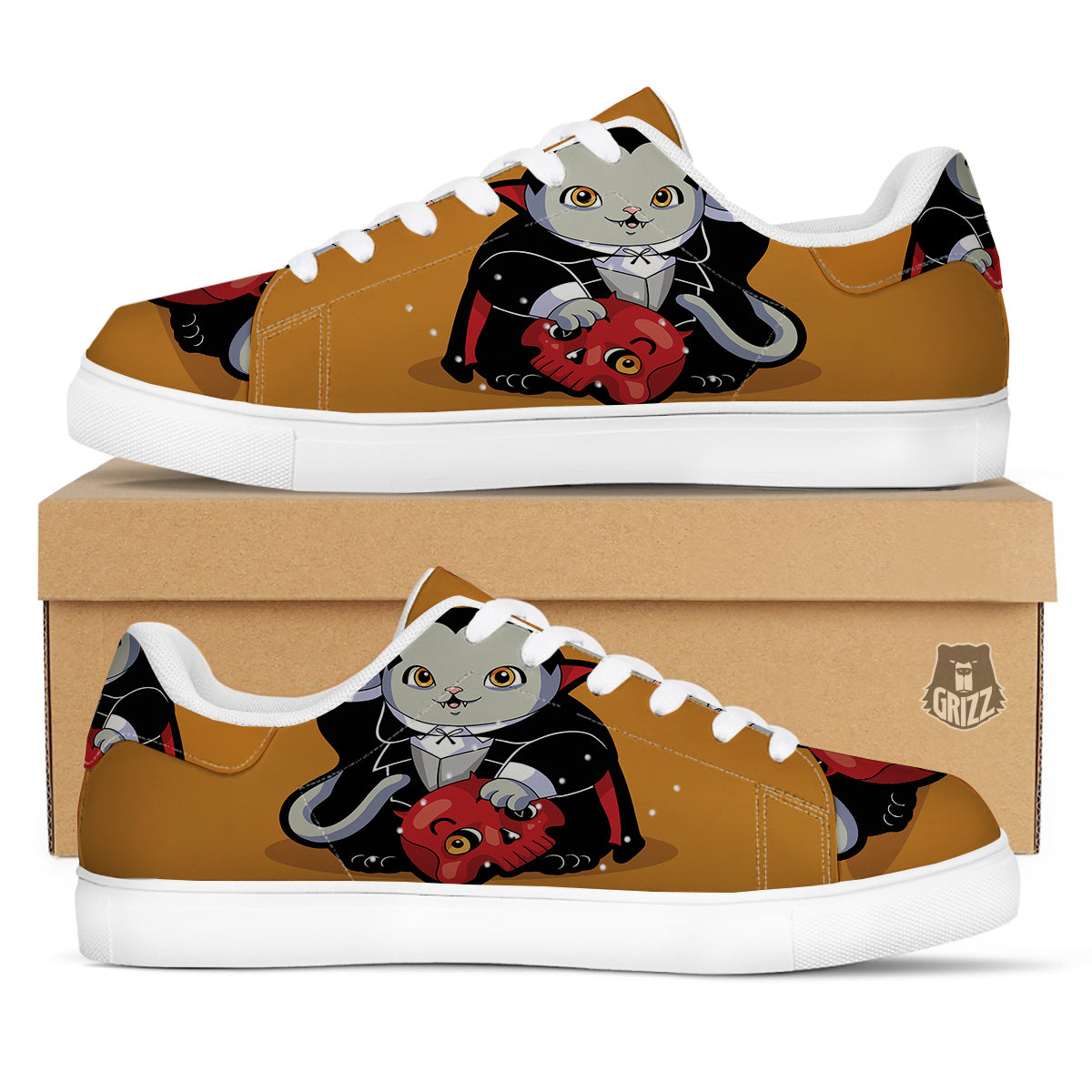 Dracula Cute Cat Print White Low Top Sneakers-grizzshop