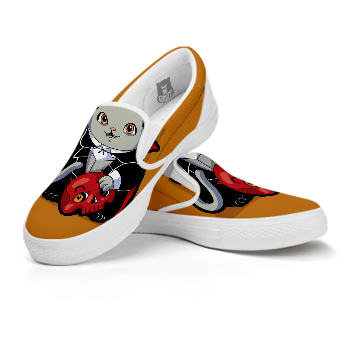 Dracula Cute Cat Print White Slip On Shoes-grizzshop