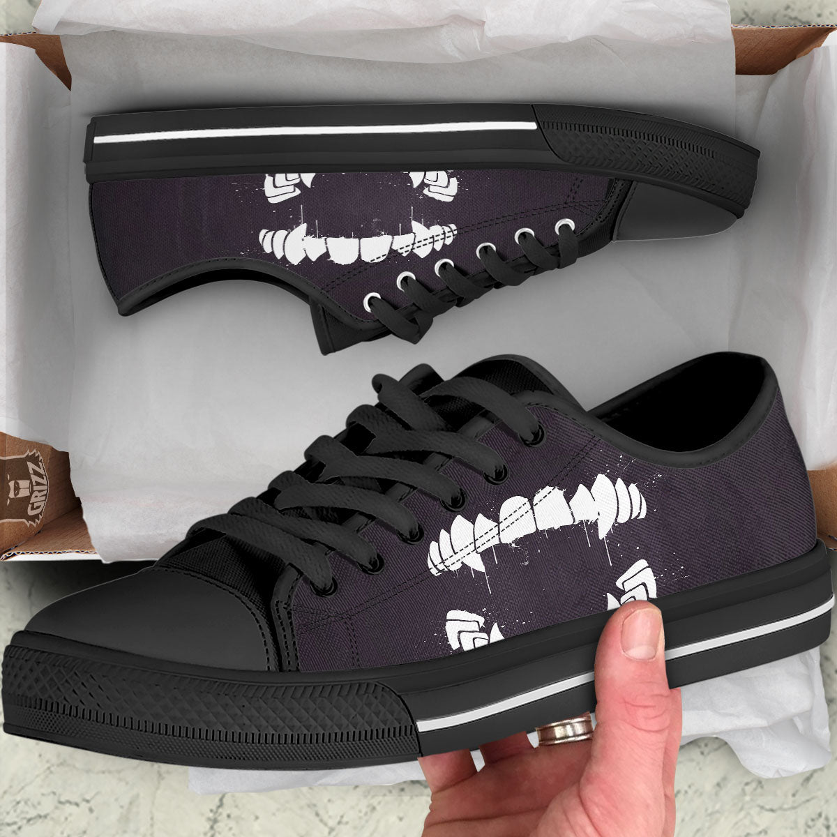 Dracula Fang Print Black Low Top Shoes-grizzshop