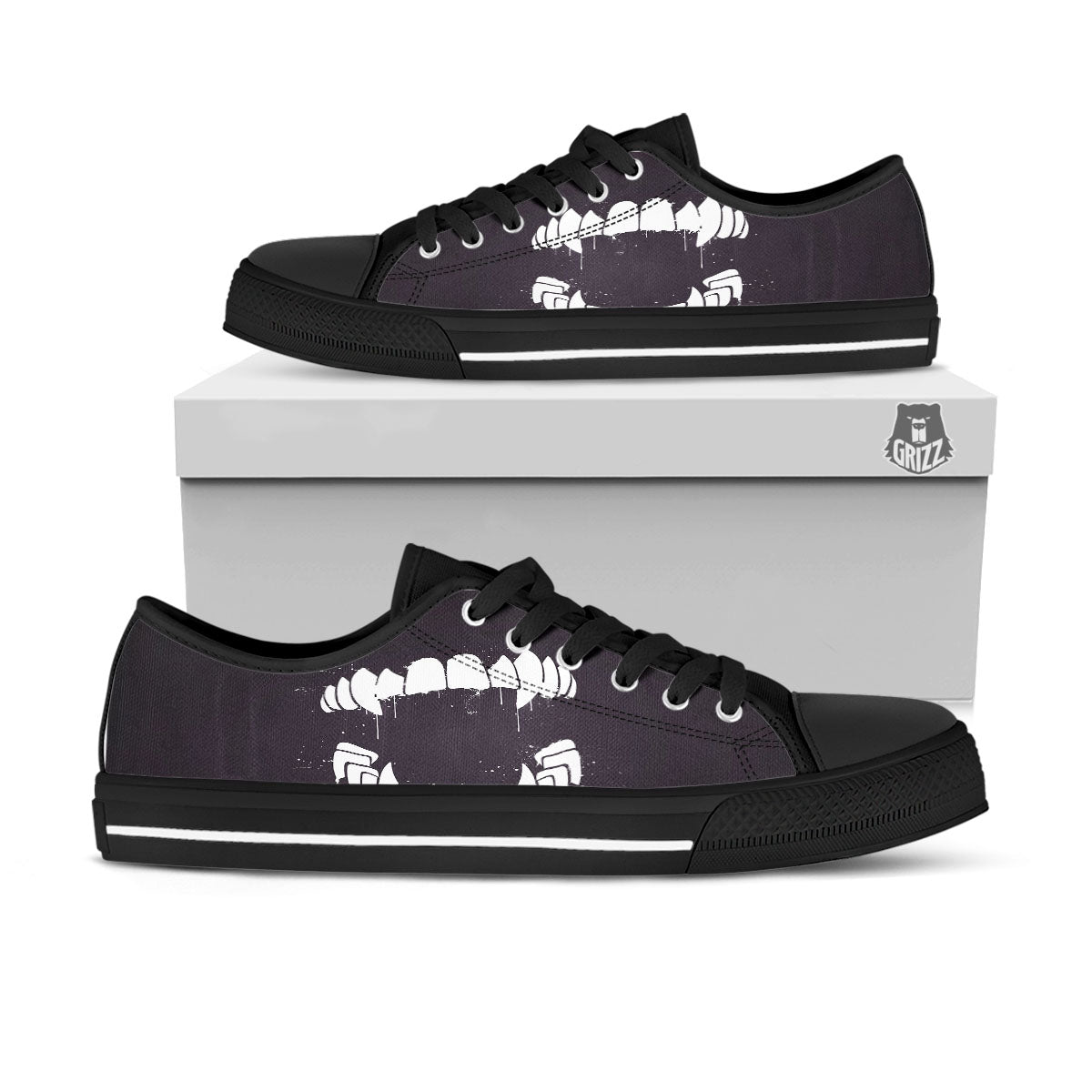 Dracula Fang Print Black Low Top Shoes-grizzshop