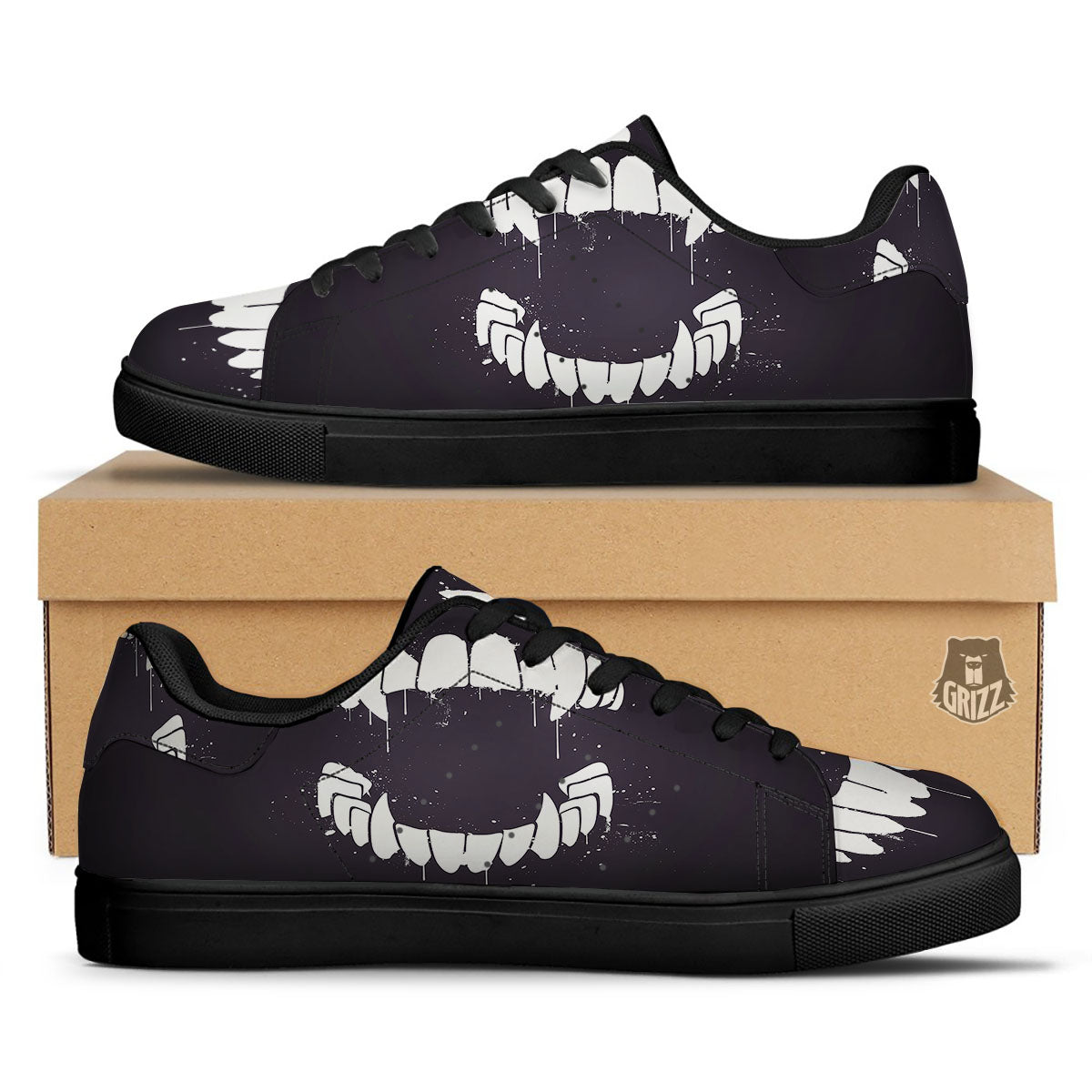 Dracula Fang Print Black Low Top Sneakers-grizzshop