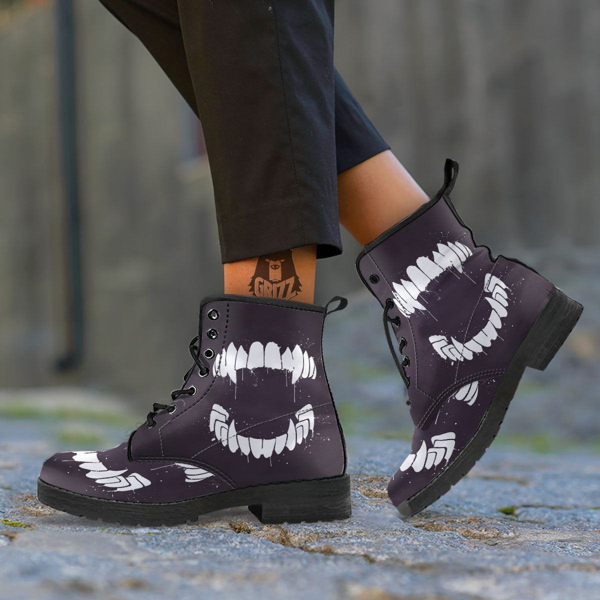 Dracula Fang Print Leather Boots-grizzshop