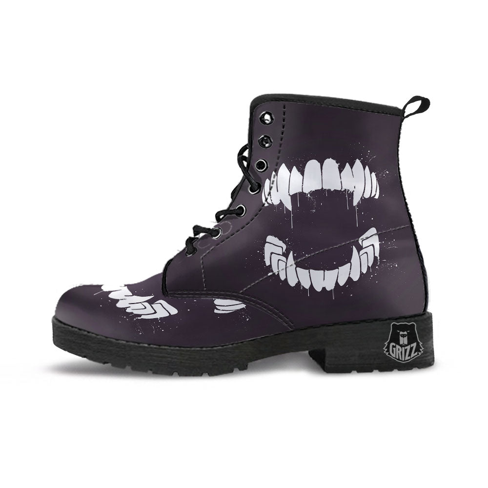 Dracula Fang Print Leather Boots-grizzshop