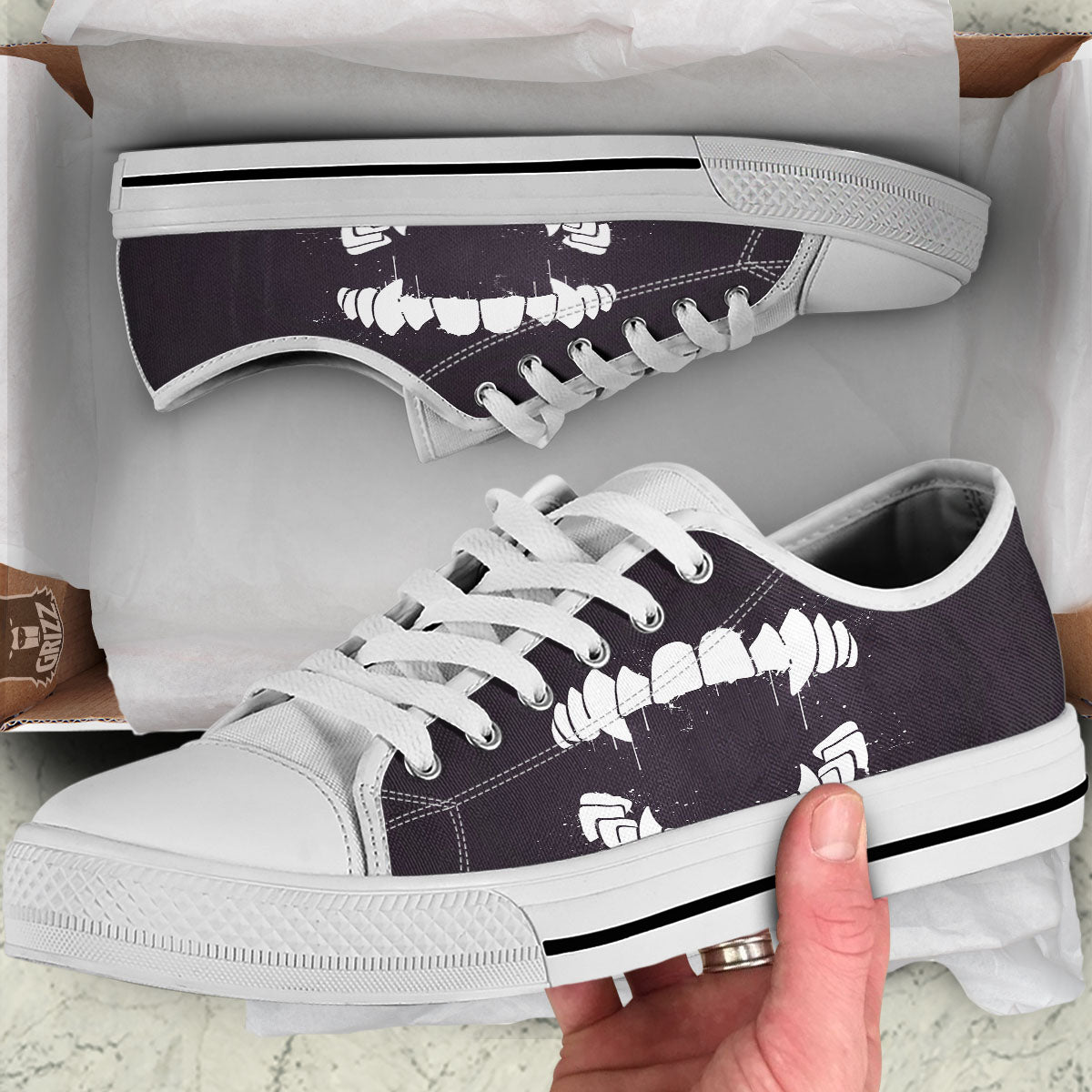 Dracula Fang Print White Low Top Shoes-grizzshop