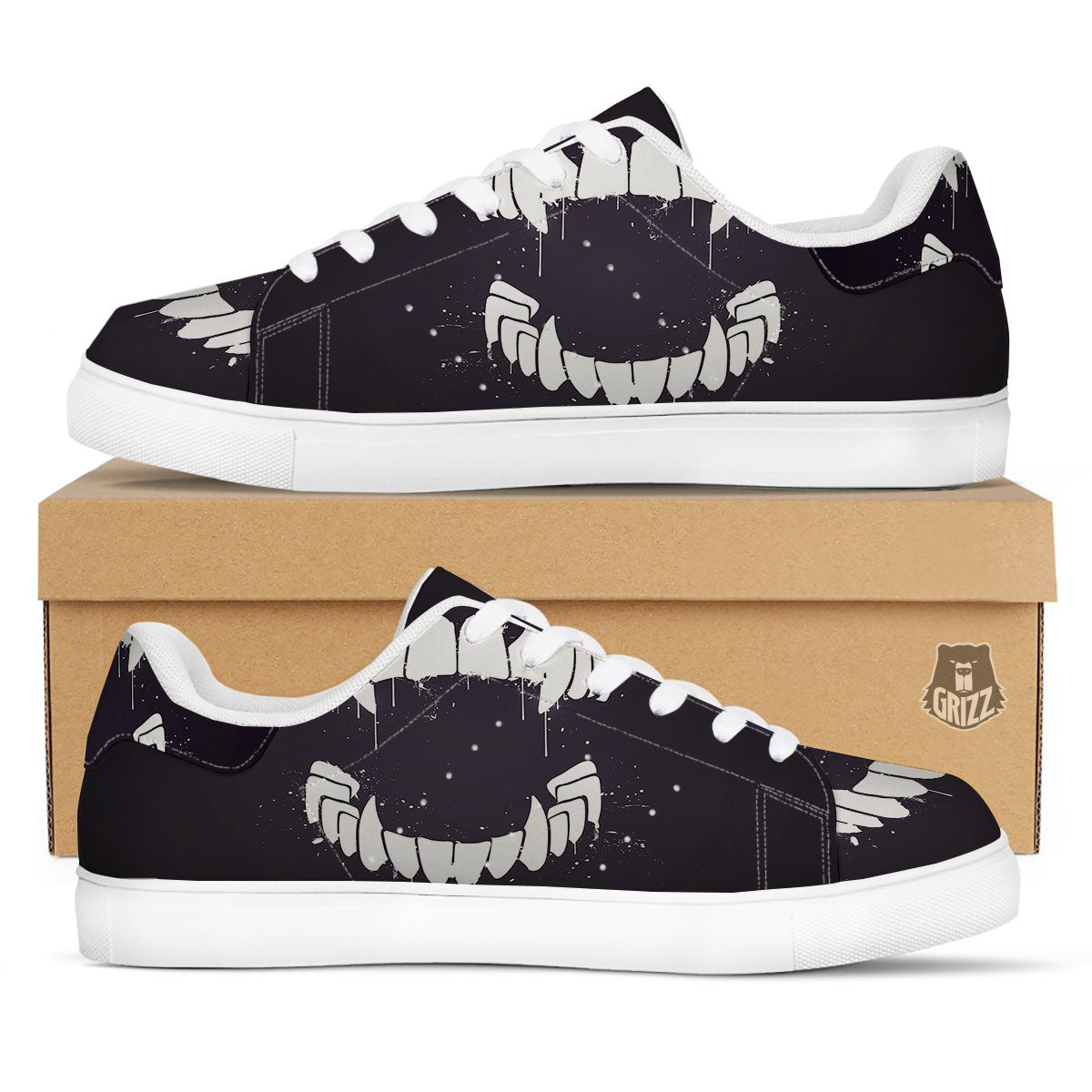Dracula Fang Print White Low Top Sneakers-grizzshop