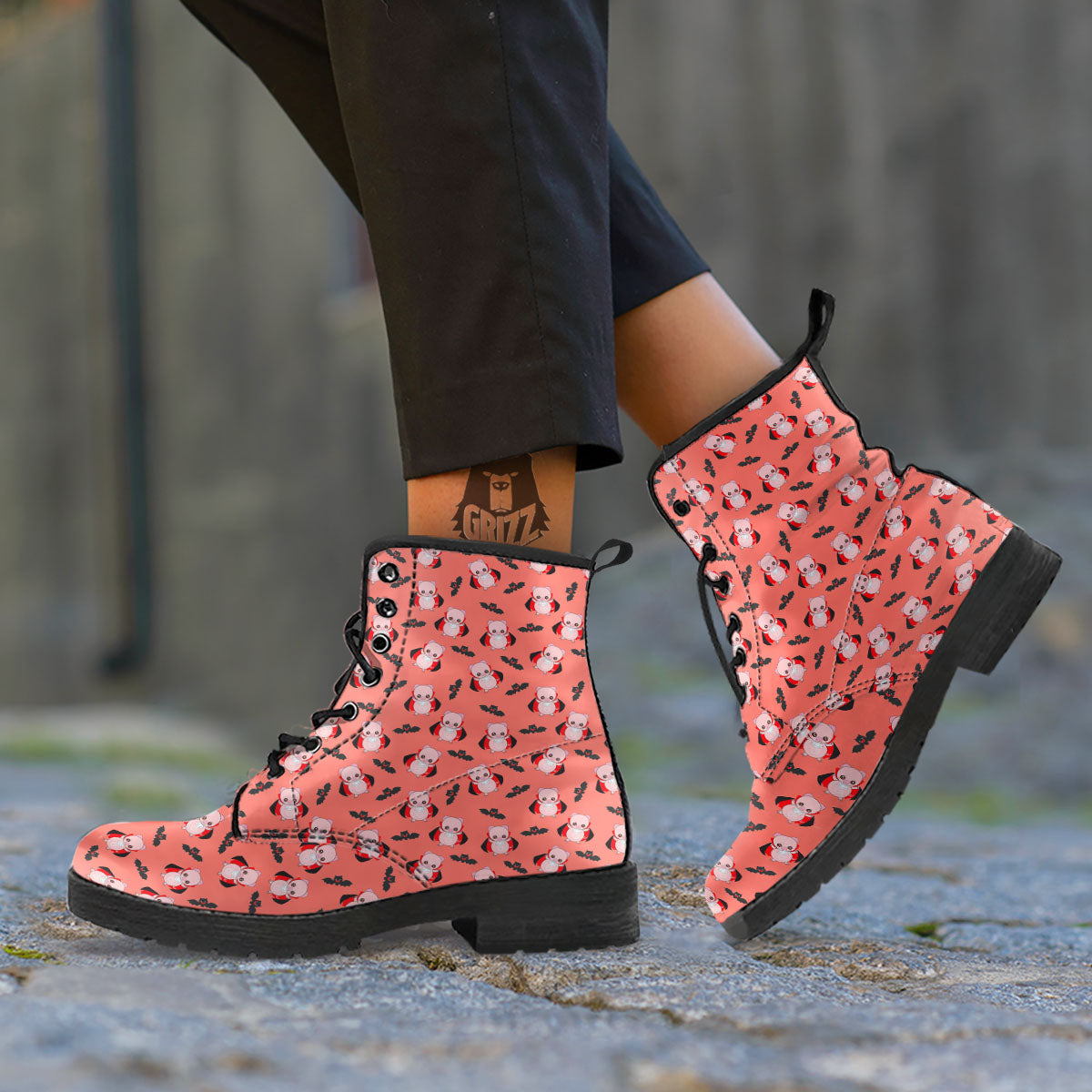 Dracula Pig Print Pattern Leather Boots-grizzshop