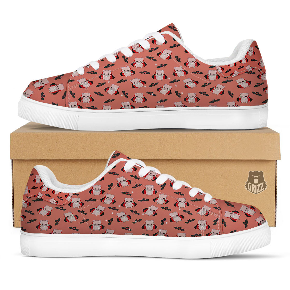 Dracula Pig Print Pattern White Low Top Sneakers-grizzshop