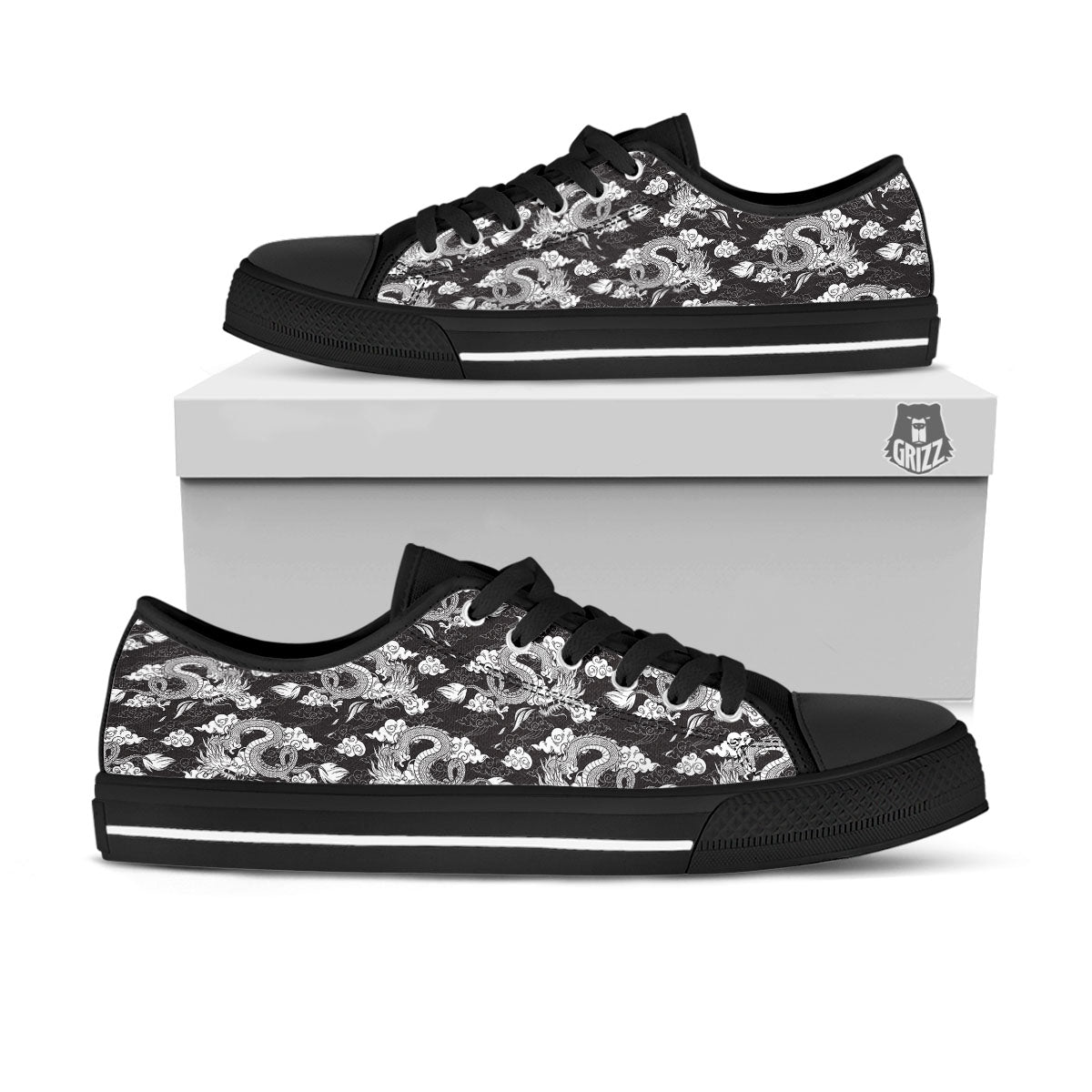 Dragon Eastern Print Pattern Black Low Top Shoes-grizzshop