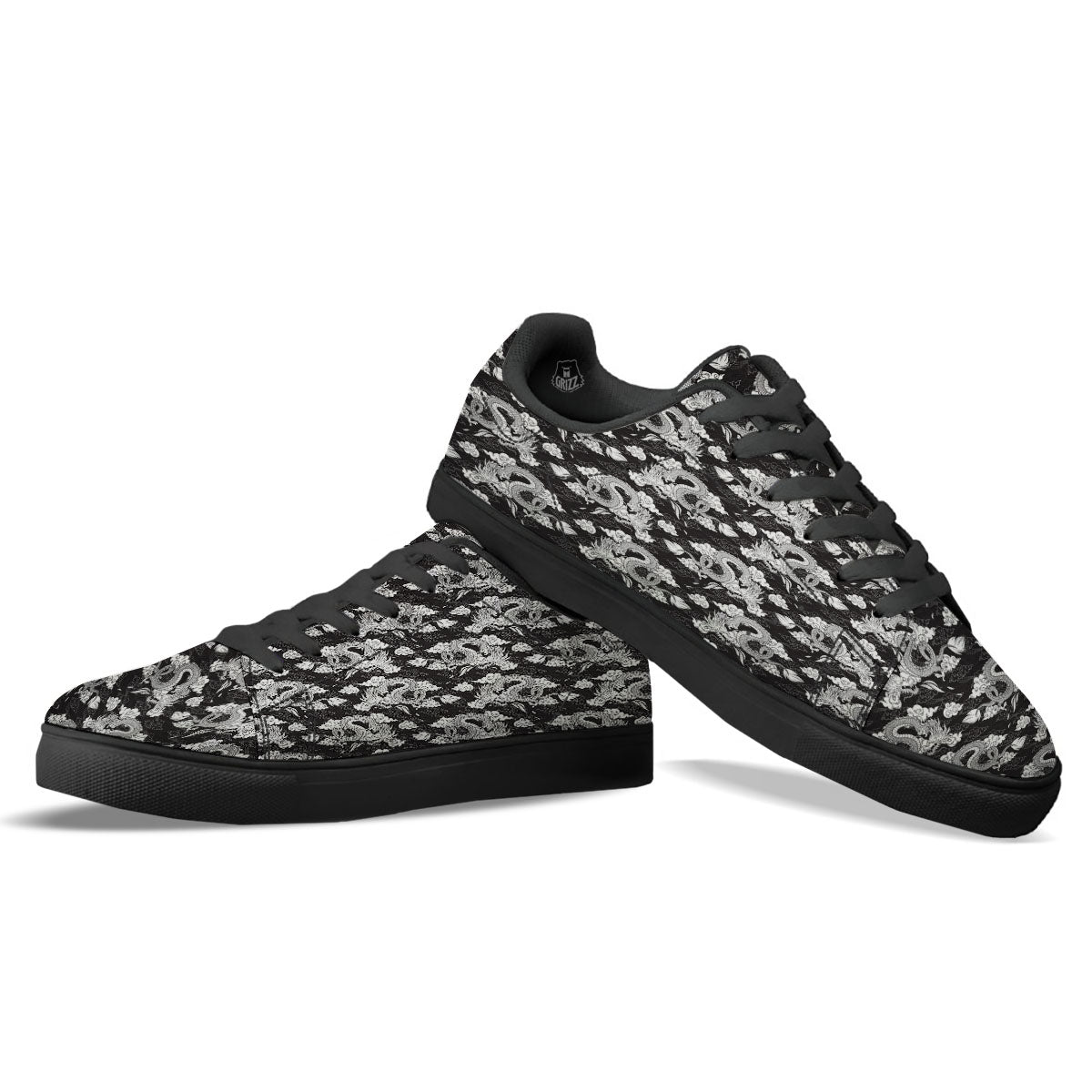 Dragon Eastern Print Pattern Black Low Top Sneakers-grizzshop