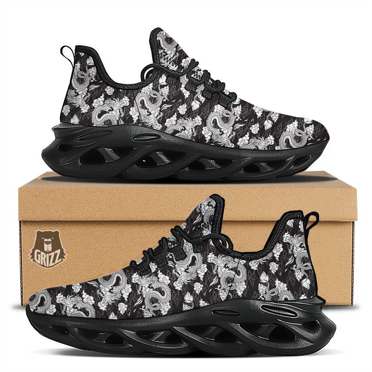 Dragon Eastern Print Pattern Black Running Shoes-grizzshop
