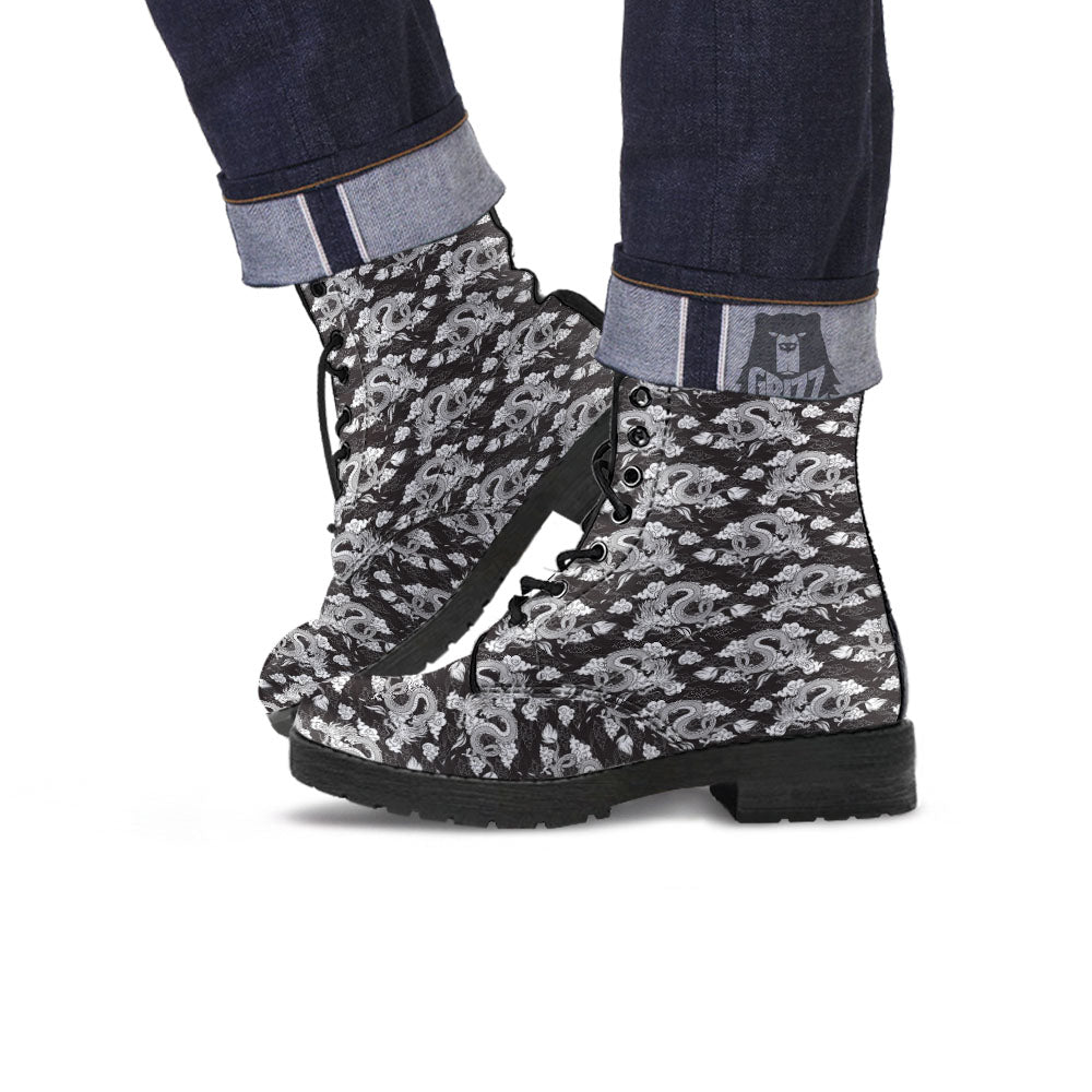 Dragon Eastern Print Pattern Leather Boots-grizzshop