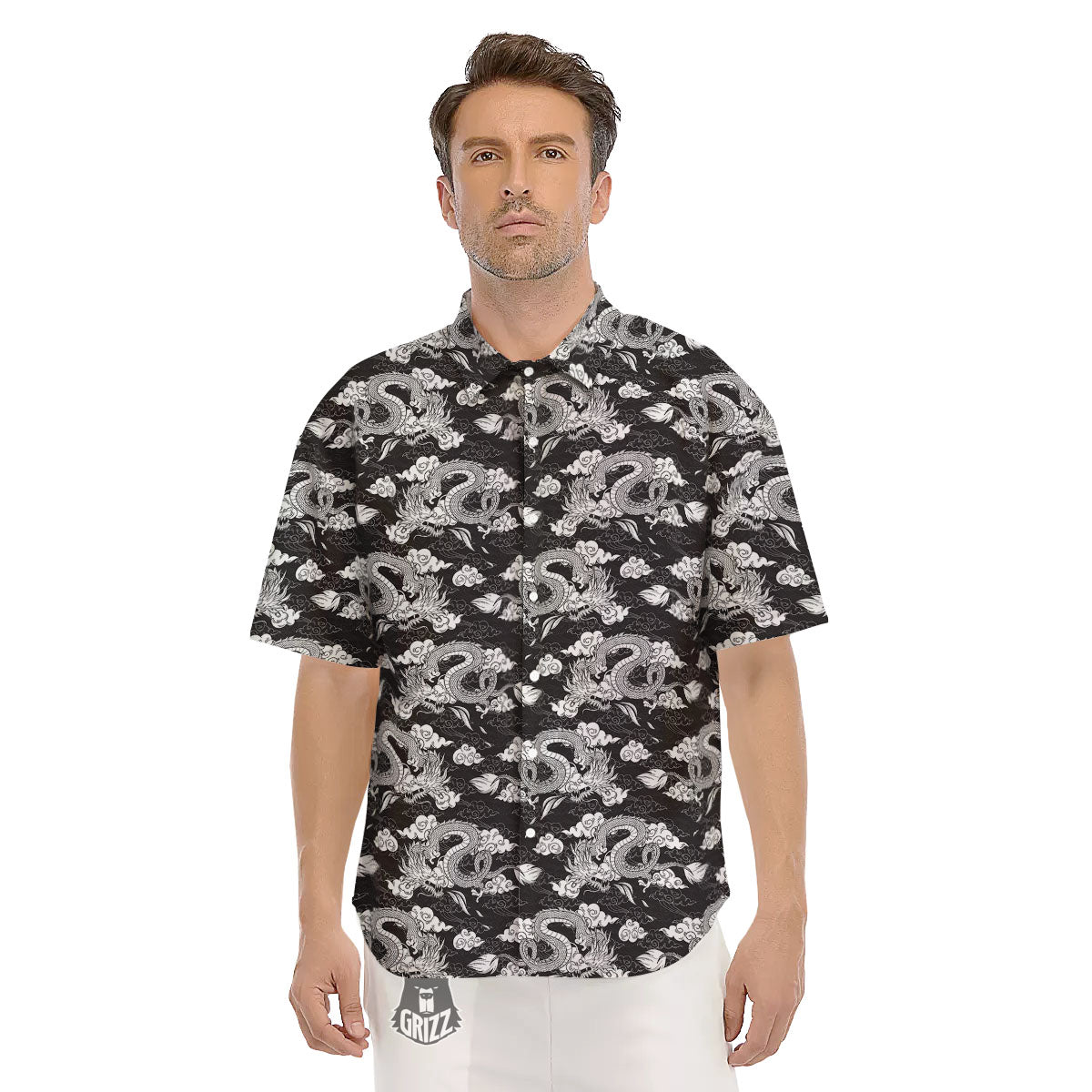 Dragon Eastern Print Pattern Men's Short Sleeve Shirts-grizzshop
