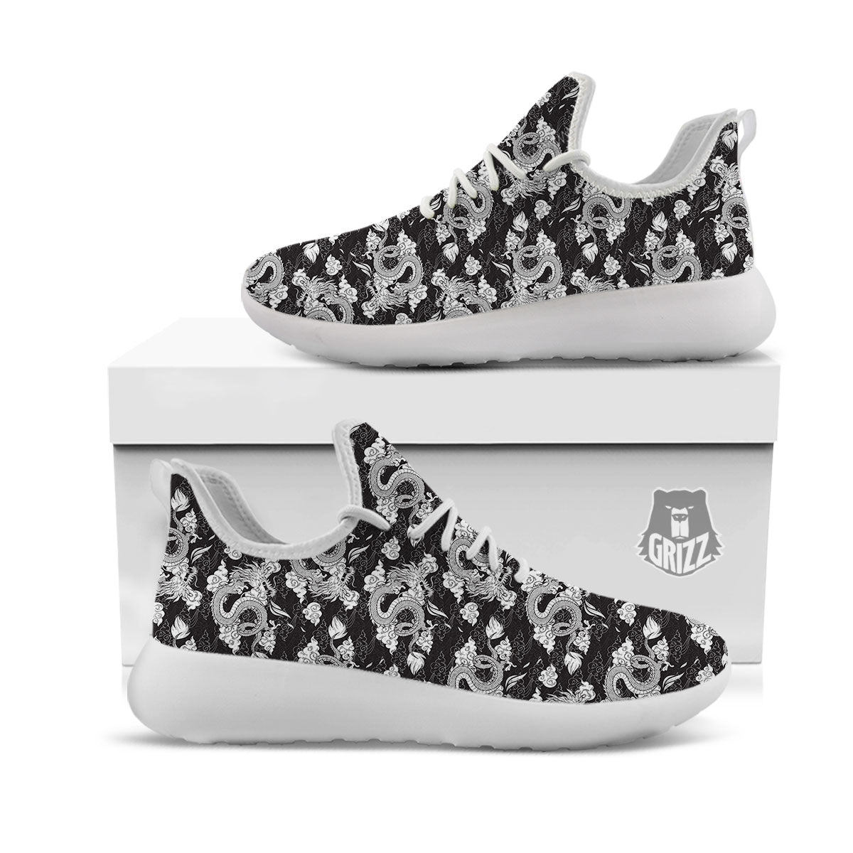 Dragon Eastern Print Pattern White Athletic Shoes-grizzshop