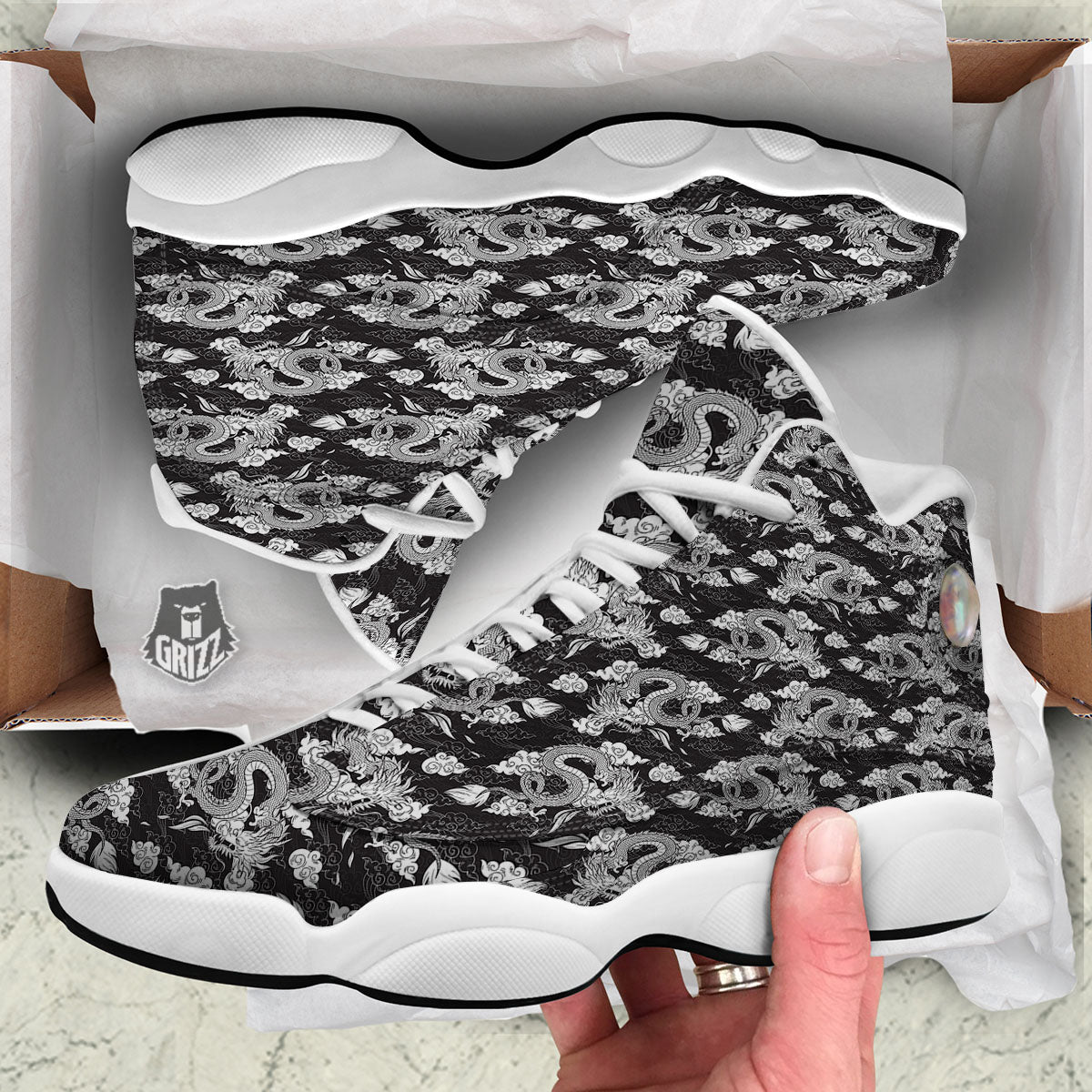 Dragon Eastern Print Pattern White Basketball Shoes-grizzshop