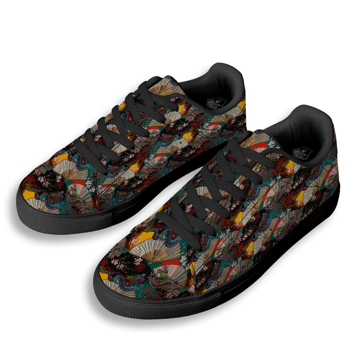 Dragon Embroidery Chinese Print Pattern Black Low Top Sneakers-grizzshop