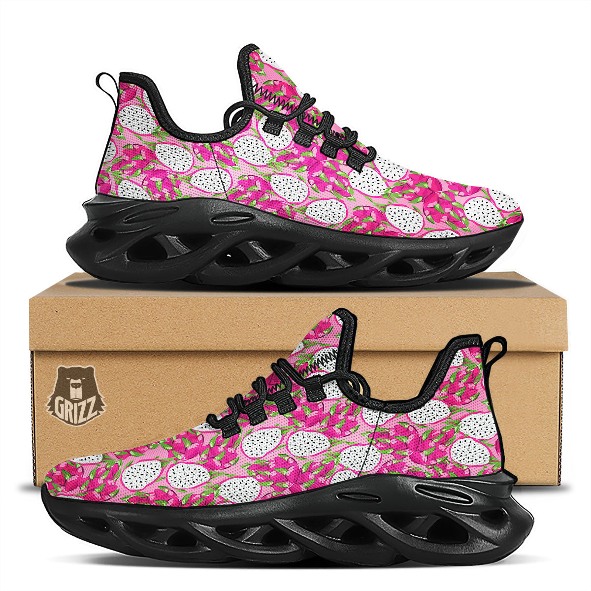 Dragon Fruit Print Pattern Black Running Shoes-grizzshop