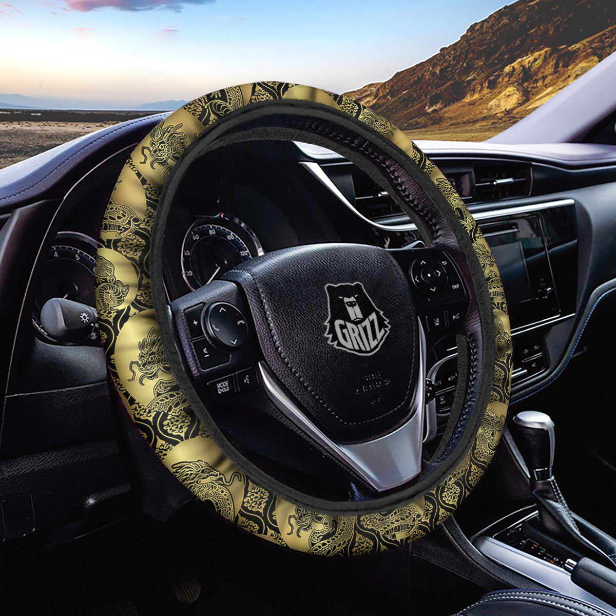 Dragon Gold And Black Print Pattern Car Steering Wheel Cover-grizzshop