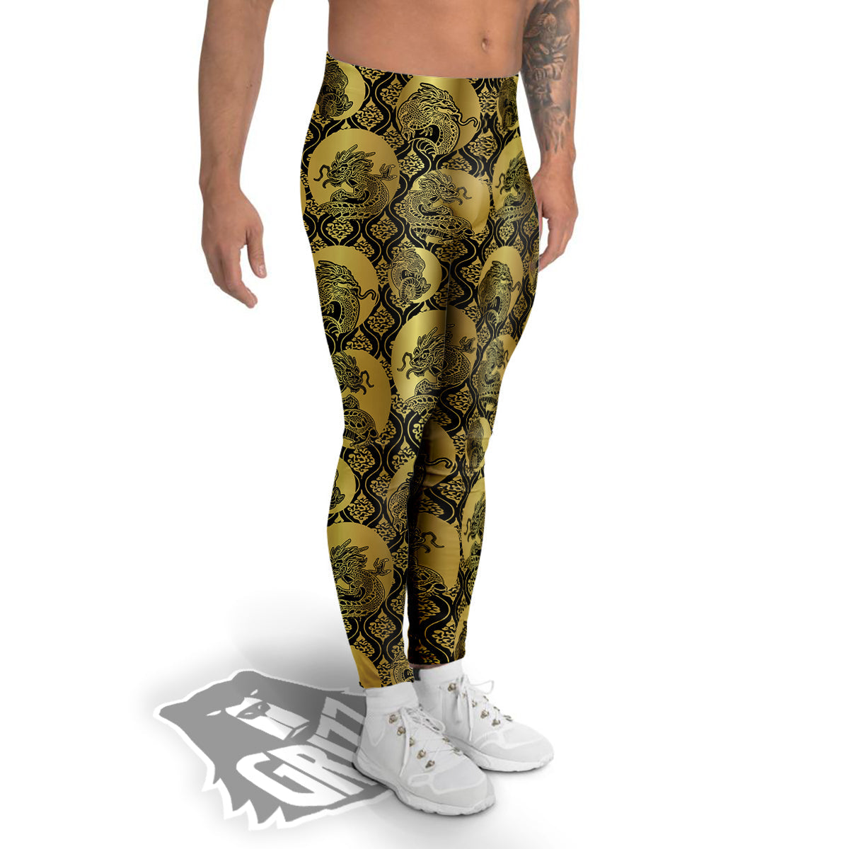 Dragon Gold And Black Print Pattern Men's Leggings-grizzshop