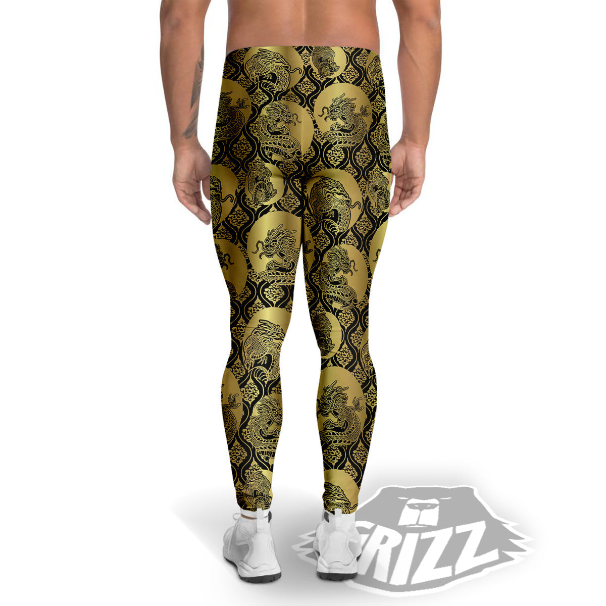 Dragon Gold And Black Print Pattern Men's Leggings-grizzshop