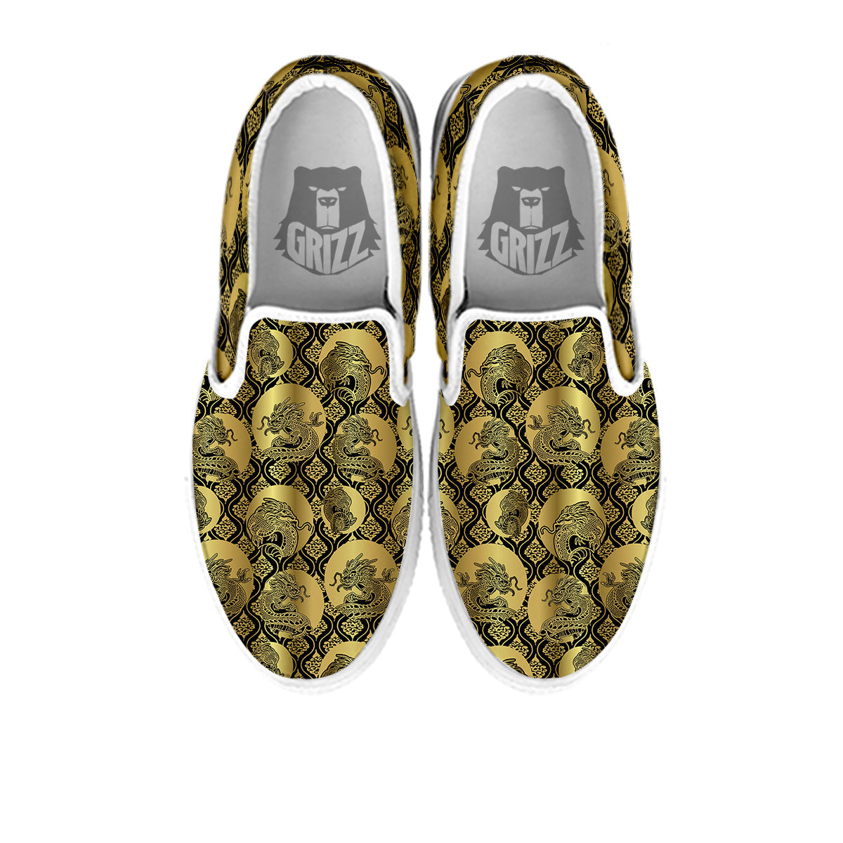 Dragon Gold And Black Print Pattern White Slip On Shoes-grizzshop