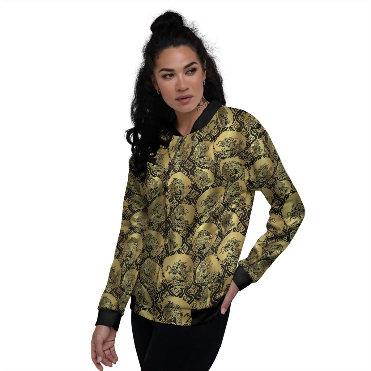 Dragon Gold And Black Print Pattern Women's Bomber Jacket-grizzshop