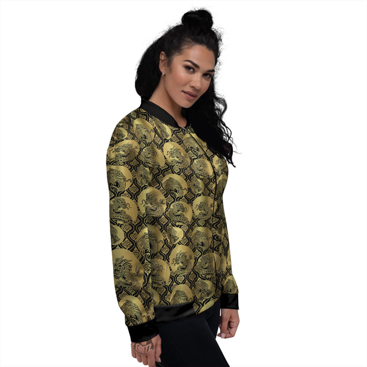 Dragon Gold And Black Print Pattern Women's Bomber Jacket-grizzshop