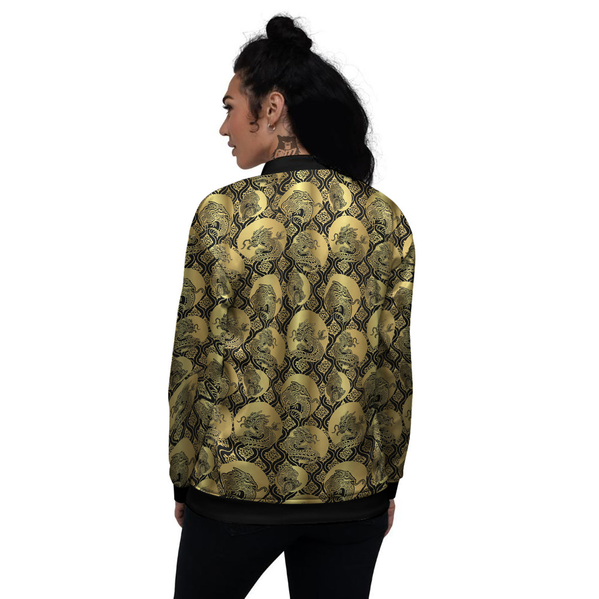 Dragon Gold And Black Print Pattern Women's Bomber Jacket-grizzshop
