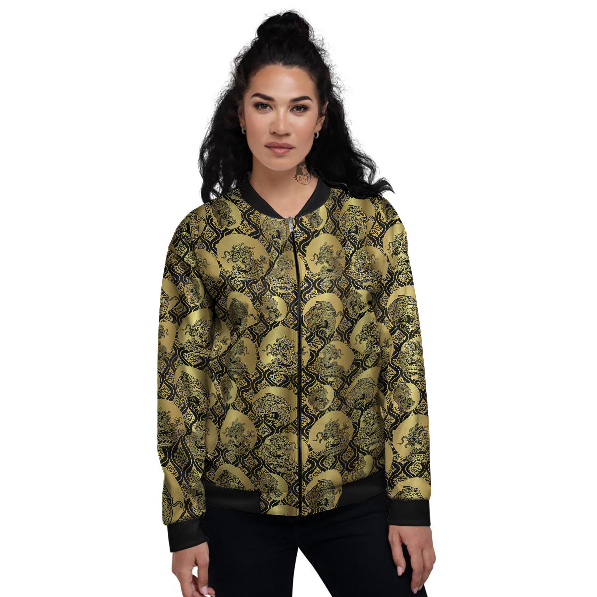 Dragon Gold And Black Print Pattern Women's Bomber Jacket-grizzshop