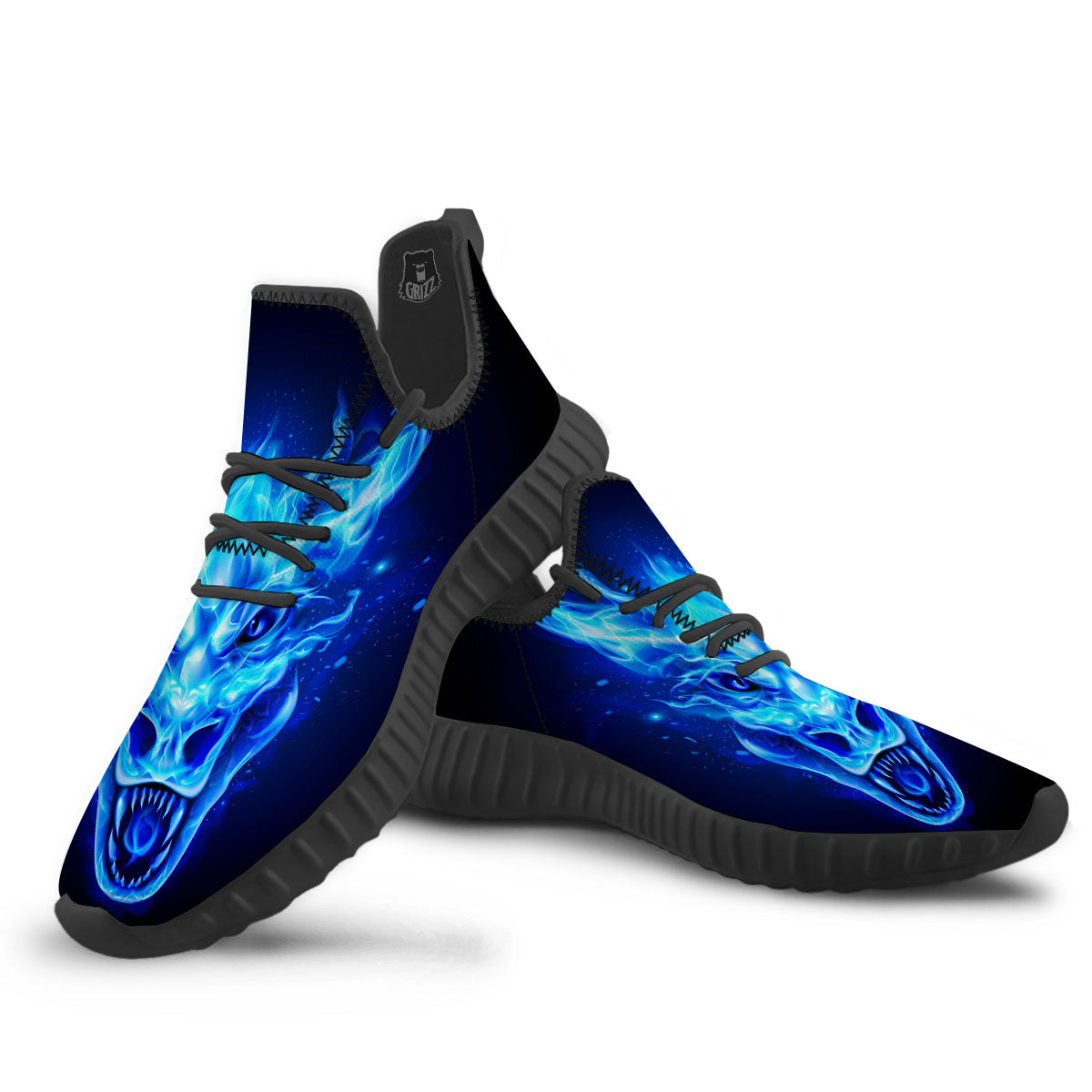 Dragon Head in Blue Flame Print Black Walking Shoes-grizzshop