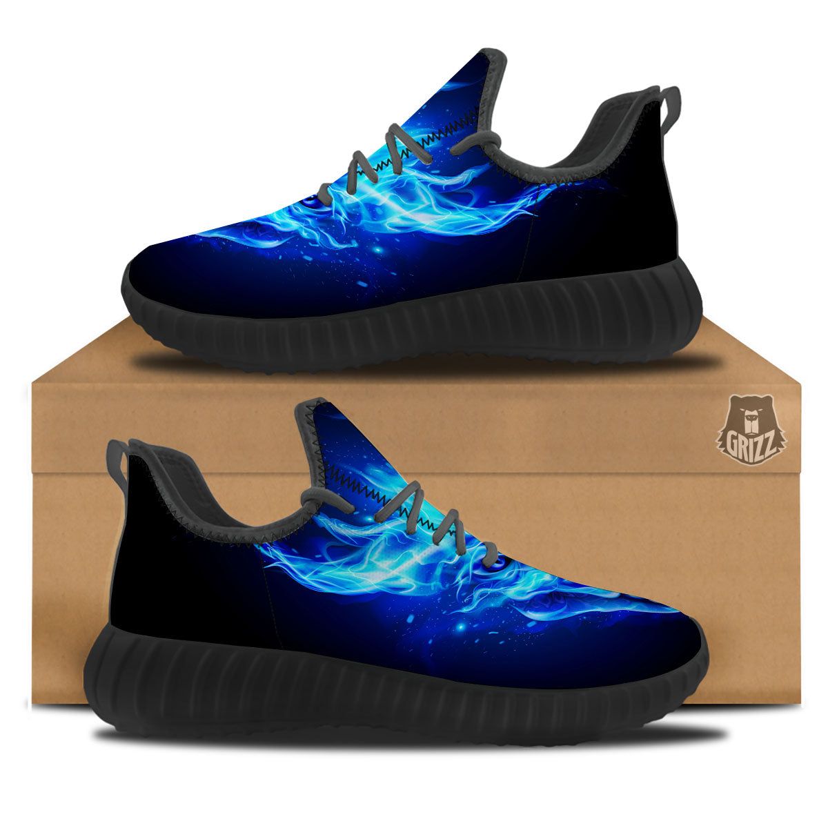 Dragon Head in Blue Flame Print Black Walking Shoes-grizzshop