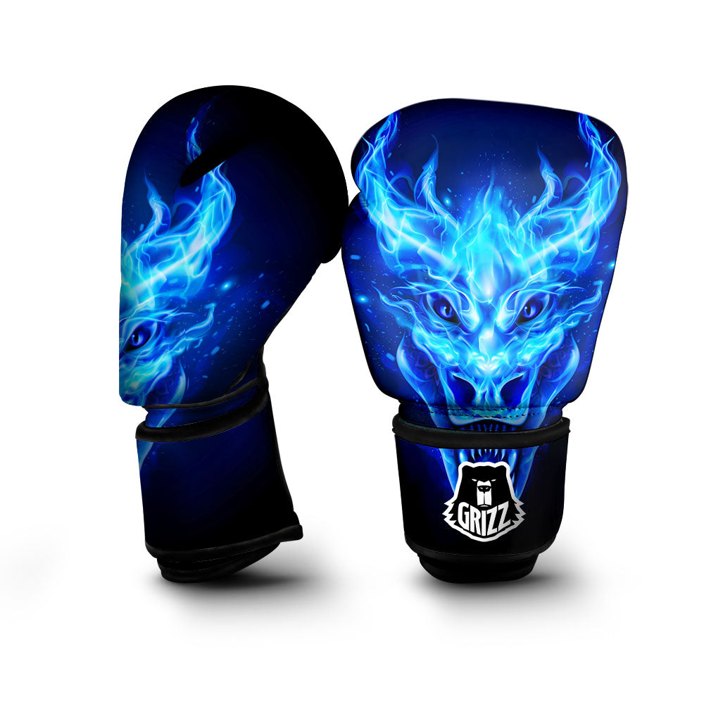 Dragon Head in Blue Flame Print Boxing Gloves-grizzshop