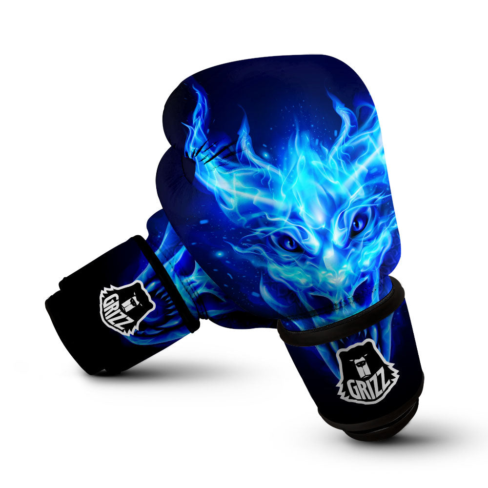 Dragon Head in Blue Flame Print Boxing Gloves-grizzshop