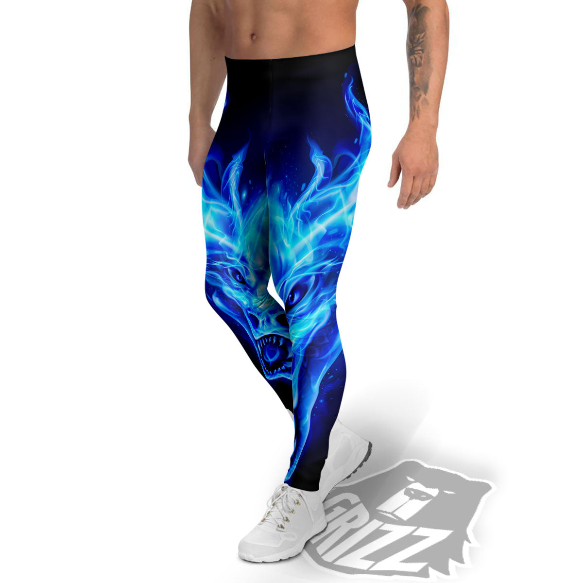 Dragon Head in Blue Flame Print Men's Leggings-grizzshop