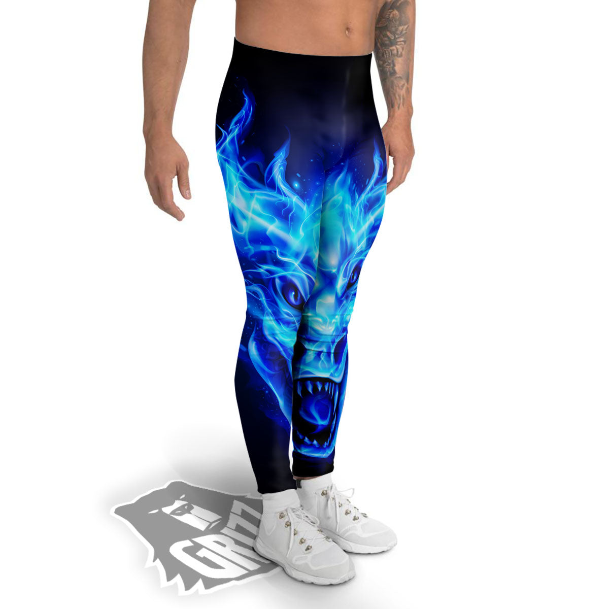 Dragon Head in Blue Flame Print Men's Leggings-grizzshop