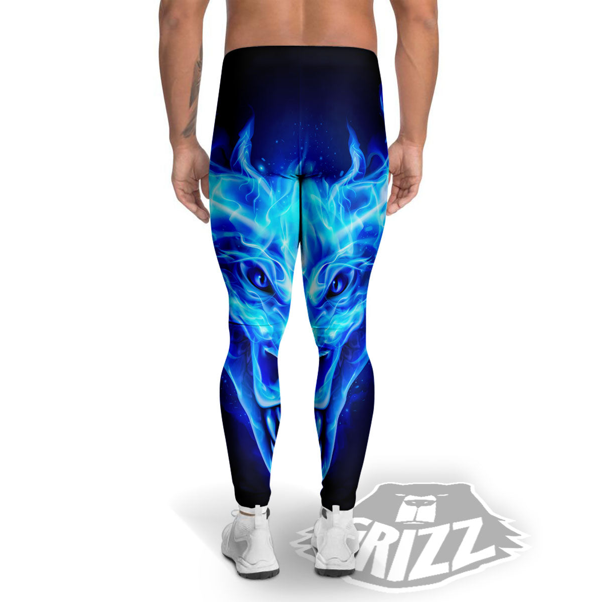 Dragon Head in Blue Flame Print Men's Leggings-grizzshop