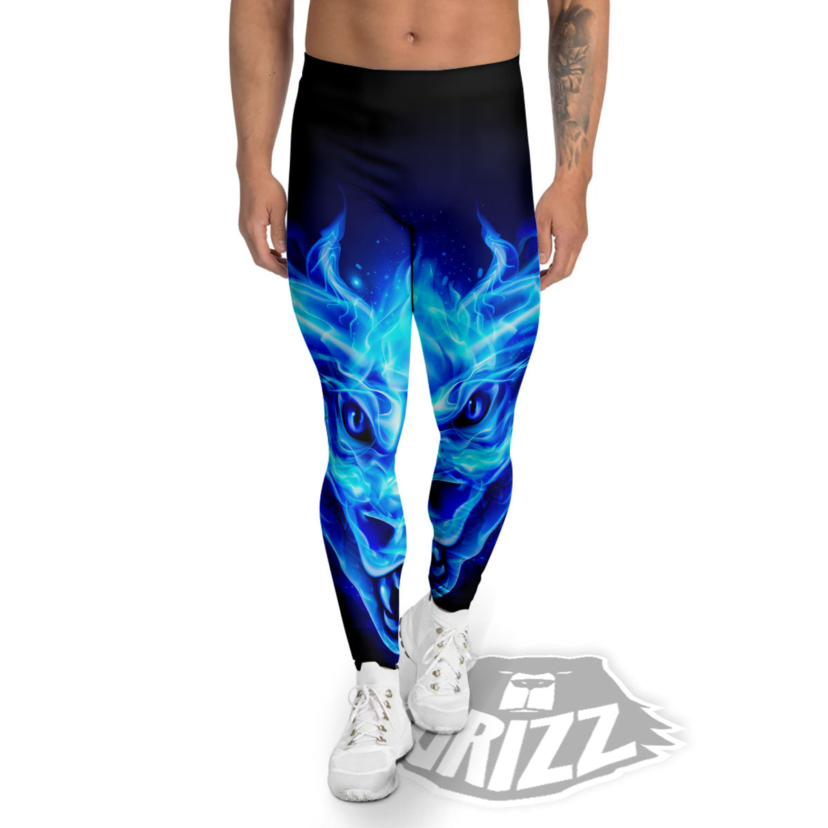 Dragon Head in Blue Flame Print Men's Leggings-grizzshop